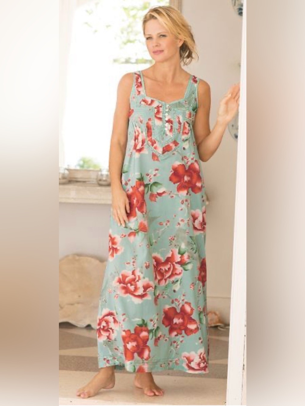 Soft Surroundings Floral Summer Lounge Dress in Mint with Coral Blooms Size 3X